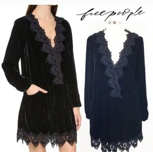 Free People Elegant Black Lace Trim Velvet Dress Medium
